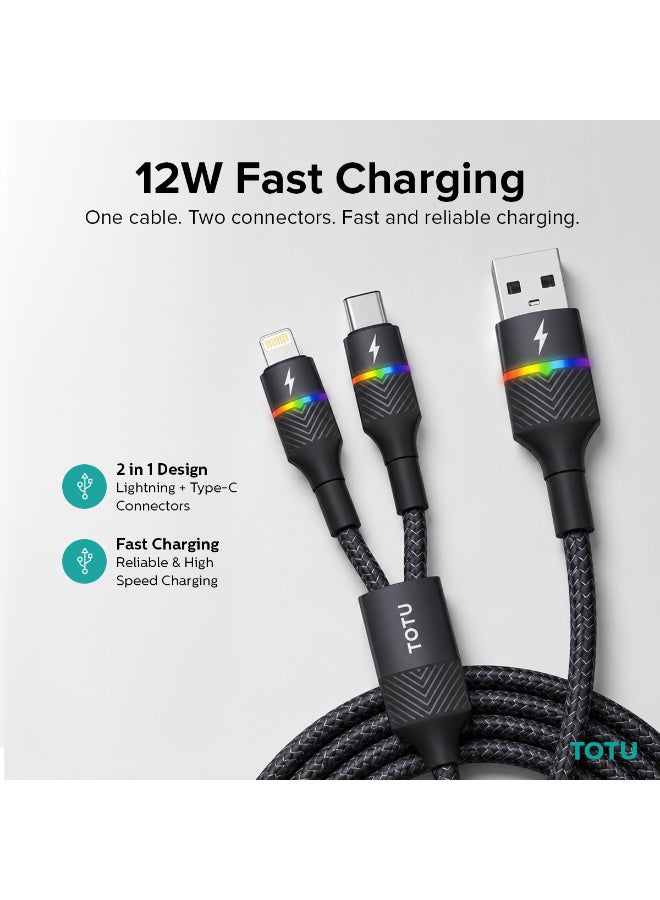 Totu 2-in-1 Fast Charging Cable 12W 2.4A USB-A to Type-C & Lightning with Colorful Breathing Light, Premium Braided Nylon, and Aluminum Alloy Connectors, 1.5m – Black - Image 3