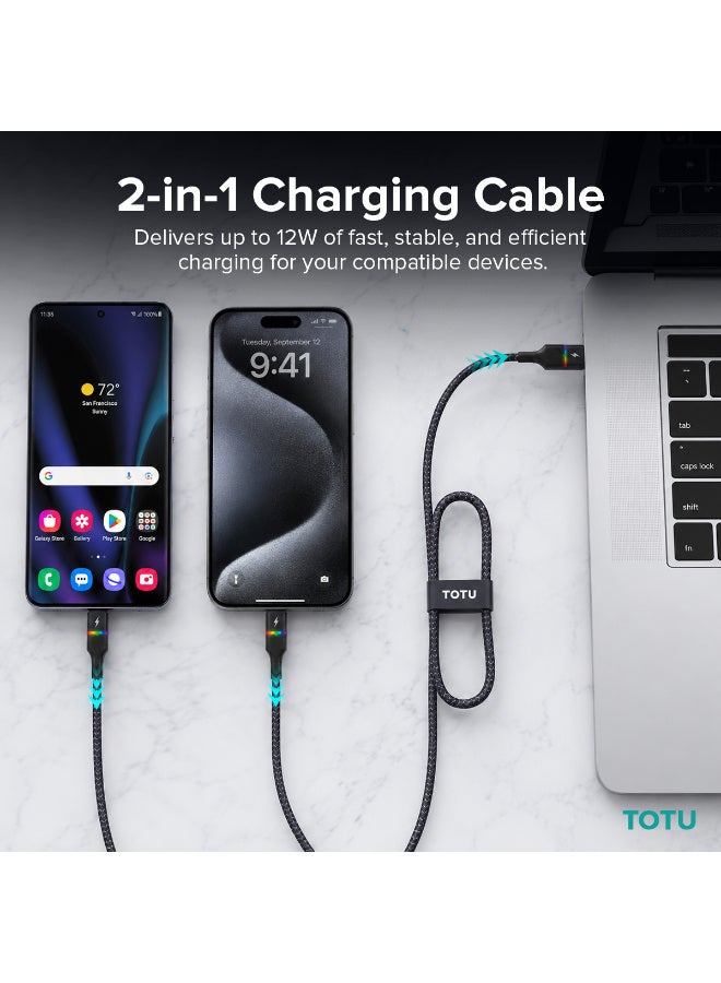 Totu 2-in-1 Fast Charging Cable 12W 2.4A USB-A to Type-C & Lightning with Colorful Breathing Light, Premium Braided Nylon, and Aluminum Alloy Connectors, 1.5m – Black - Image 4