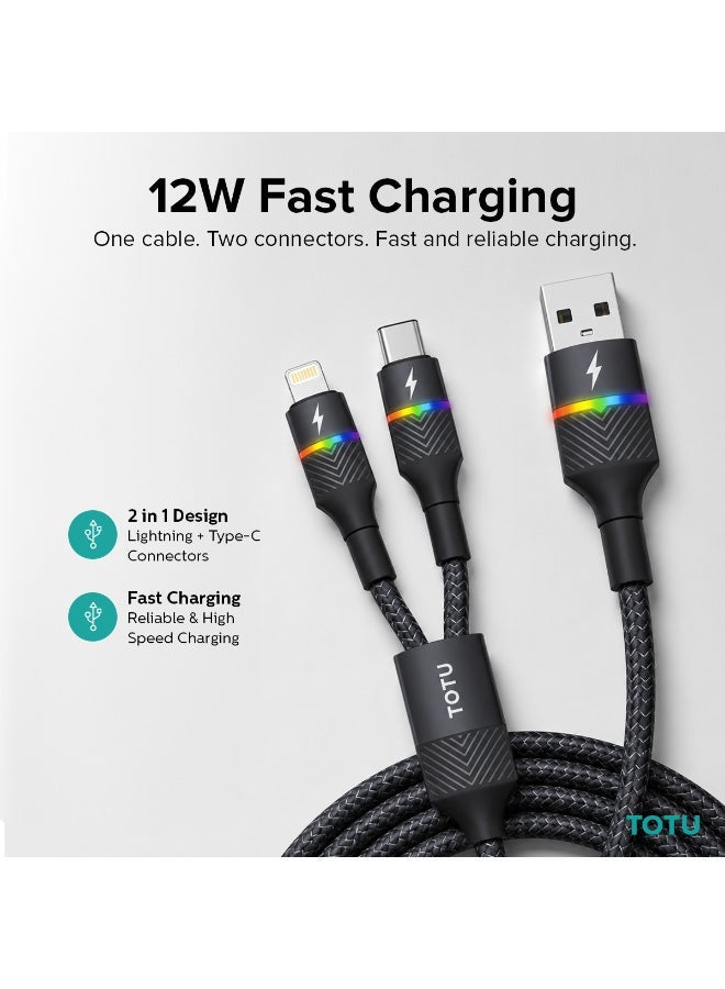 TOTU 2-in-1 Fast Charging Cable, USB-A to Type-C & Lightning, 12W/2.4A, Braided Nylon, 1.5m - Black - Image 3