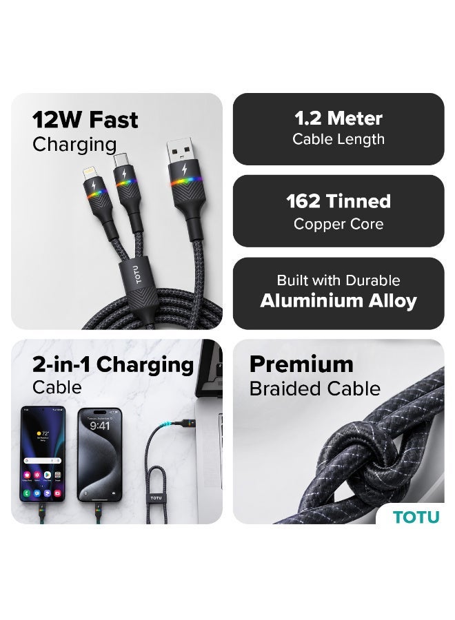 TOTU 2-in-1 Fast Charging Cable, USB-A to Type-C & Lightning, 12W/2.4A, Braided Nylon, 1.5m - Black - Image 2