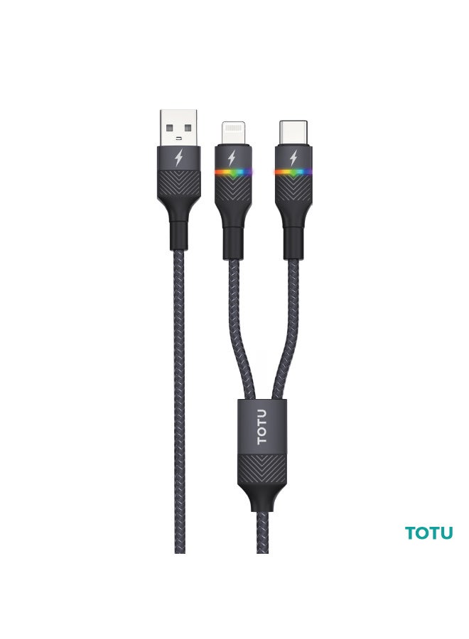 TOTU 2-in-1 Fast Charging Cable, USB-A to Type-C & Lightning, 12W/2.4A, Braided Nylon, 1.5m - Black - Image 1