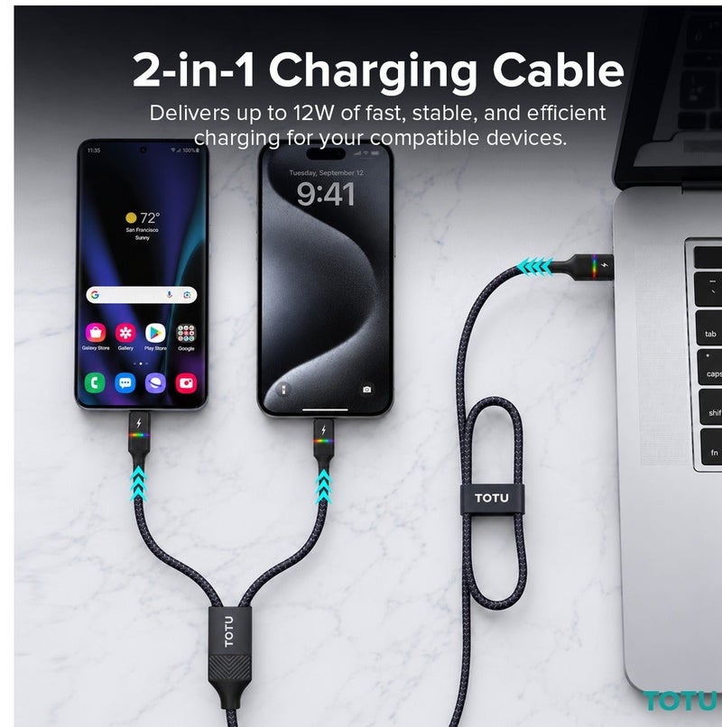 TOTU 2-in-1 Fast Charging Cable, USB-A to Type-C & Lightning, 12W/2.4A, Braided Nylon, 1.5m - Black - Image 4