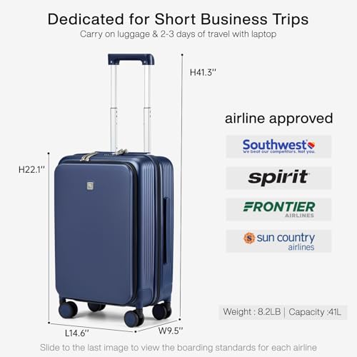 Hanke Grace Carry On Luggage with Wheels Airline Approved Hard Shell Suitcases with Front Pocket，Top Opening Luggage with TSA Lock for Short Business Travel，Dark Blue - Image 4
