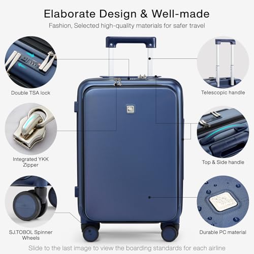 Hanke Grace Carry On Luggage with Wheels Airline Approved Hard Shell Suitcases with Front Pocket，Top Opening Luggage with TSA Lock for Short Business Travel，Dark Blue - Image 3