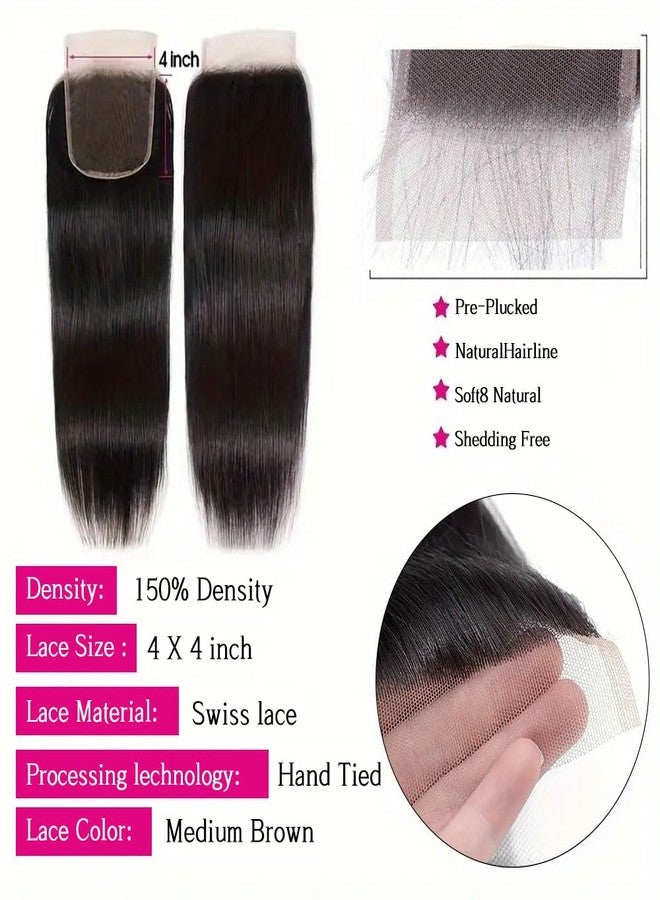 feibin Straight Bundles with Closure Human Hair 14 16 18+12 Inch 100% Brazilian Unprocessed Raw Virgin Quick Weave Extensions 3 Bundles Human Hair with 4x4 Free Part Lace Closure Natural Black - Image 4