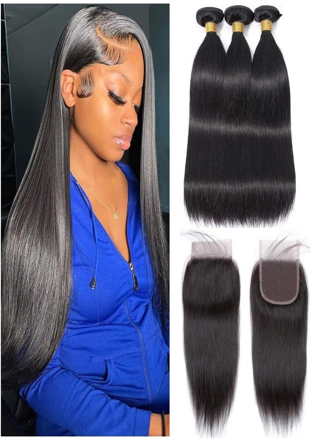 feibin Straight Bundles with Closure Human Hair 14 16 18+12 Inch 100% Brazilian Unprocessed Raw Virgin Quick Weave Extensions 3 Bundles Human Hair with 4x4 Free Part Lace Closure Natural Black - Image 1