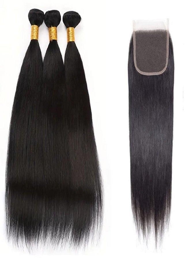 feibin Straight Bundles with Closure Human Hair 14 16 18+12 Inch 100% Brazilian Unprocessed Raw Virgin Quick Weave Extensions 3 Bundles Human Hair with 4x4 Free Part Lace Closure Natural Black - Image 2