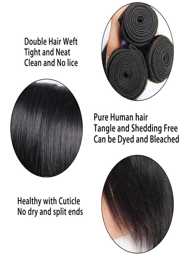 feibin Straight Bundles with Closure Human Hair 14 16 18+12 Inch 100% Brazilian Unprocessed Raw Virgin Quick Weave Extensions 3 Bundles Human Hair with 4x4 Free Part Lace Closure Natural Black - Image 3