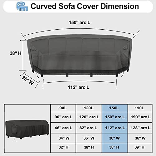 OutdoorLines Waterproof Curved Outdoor Sectional Cover - UV Resistant Windproof Patio Sectional Sofa Covers for Deck, Lawn and Backyard, Heavy Duty Furniture Covers (150Lx36Dx38Hx112FL, Black) - Image 2