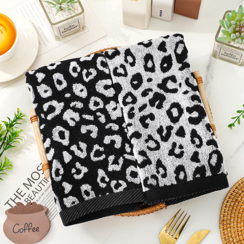AnyDesign 2 Pcs Leopard Print Hand Towels Bath Towels Black White Cheetah Print Cotton Absorbent Decorative Face Towel for Guest Room Bathroom Kitchen Gym Decor, 29.5 x 13.7 Inch - Image 4