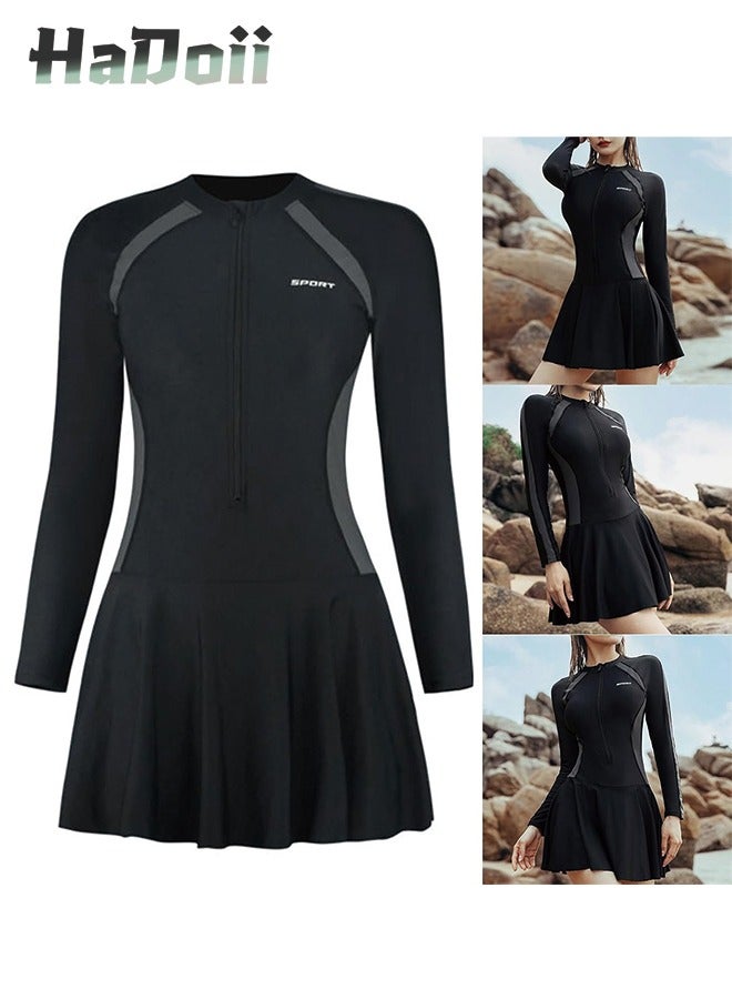 One-Piece Women's Conservative Swimsuit Set Muslim Ruffled Hem Swimsuit Long-Sleeved Trousers Ladies Beachwear Skirt Surfing Sunscreen Dress Arabic Clothing Pure Black