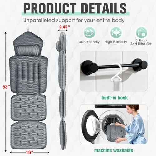 Ciavca Upgraded Full Body Bath Pillow for Bathtub,Luxury Thick Bath Cushion for Soaking Tub with 192 Suction Cups,Full Body Bathtub Pillows for Head and Neck Shoulder Support,4D Air Mesh, 53" x 16" Dark Gray - Image 2