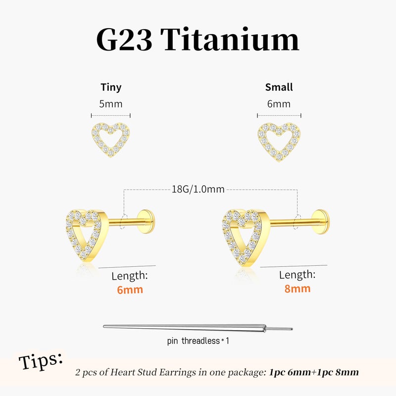 ShineRose Flat Back Stud Cartilage Tragus Helix Nose Piercing Earrings Jewelry For Women Conch Threadless 18G Titanium Surgical Steel Hypoallergenic 14K Gold plated CZ Silver Small Tiny Studs (Gold-18G(1.0MM), Heart (2pcs)) - Image 2