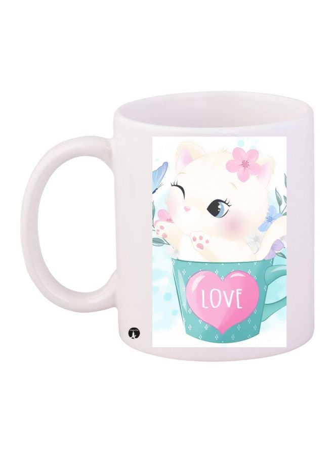 RYN Cartoon Cat Printed Coffee Mug White/Blue/Pink 11ounce