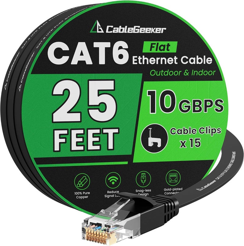 CableGeeker Cat 6 Ethernet Cable 25 ft, Indoor&Outdoor, High Speed 10Gbps Flat Internet Network Cable, Cat6 Ethernet Patch Cable Long, Computer LAN Cable with Free Clips & Straps for Router, Modem, PS4/5, Black - Image 1