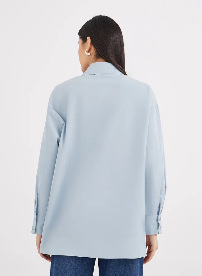 Styli Styli Blue Oversized Longline Shirt with Pocket