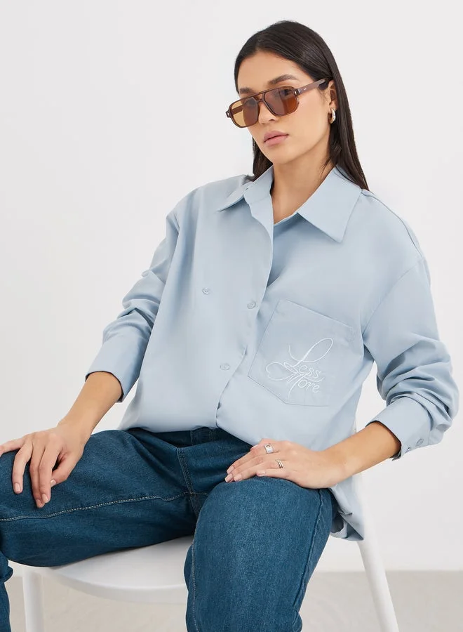 Styli Blue Oversized Longline Shirt with Pocket