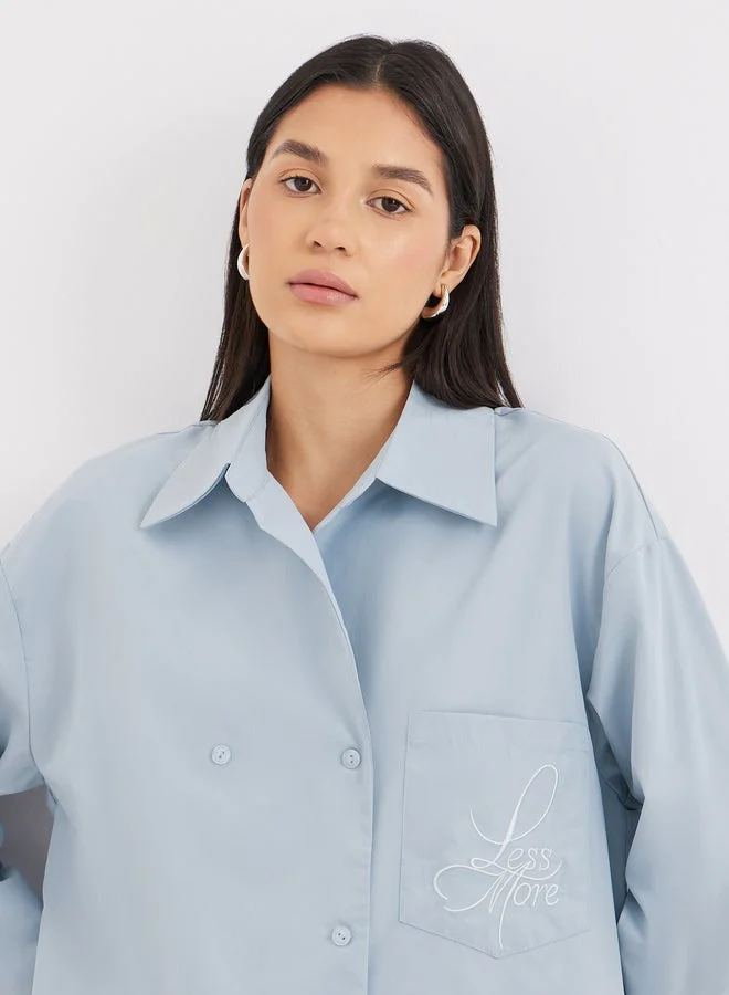 Styli Blue Oversized Longline Shirt with Pocket
