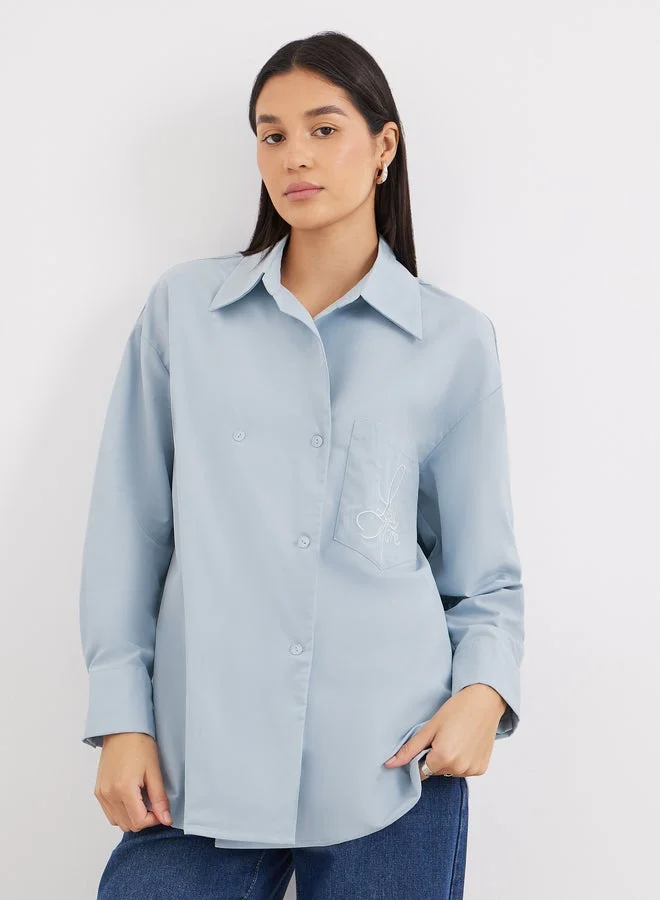 Styli Blue Oversized Longline Shirt with Pocket