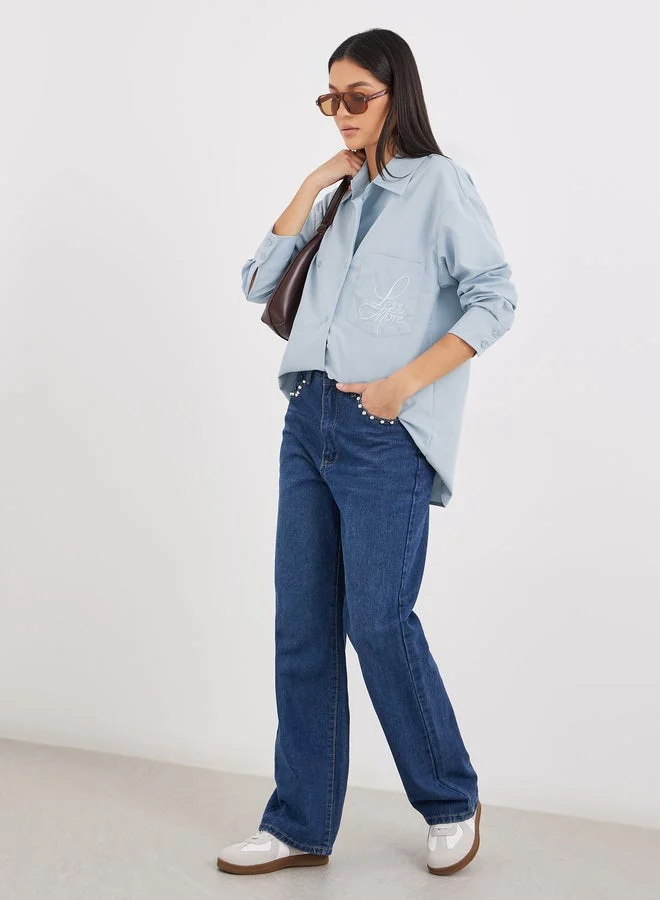 Styli Blue Oversized Longline Shirt with Pocket