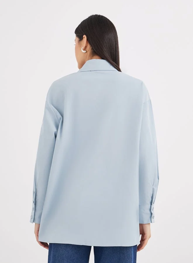 Styli Blue Oversized Longline Shirt with Pocket