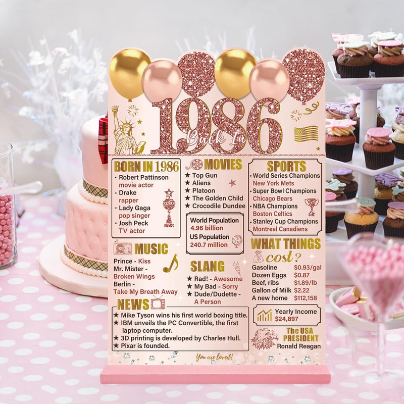 Guiruiy Pink Rose Gold 40th Birthday Decorations for Women, Two-Sided Vintage 40 Back in 1986 Theme Poster Wooden Table Sign with Stand, Forty Years Old Bday Centerpieces Holder for Table Decor - Image 4
