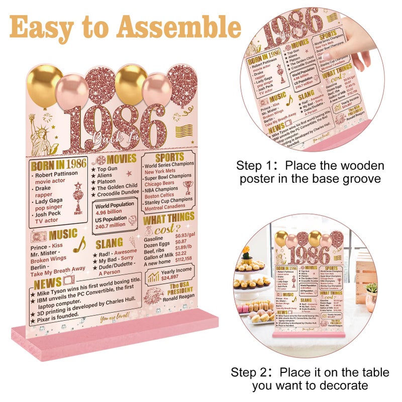 Guiruiy Pink Rose Gold 40th Birthday Decorations for Women, Two-Sided Vintage 40 Back in 1986 Theme Poster Wooden Table Sign with Stand, Forty Years Old Bday Centerpieces Holder for Table Decor - Image 3