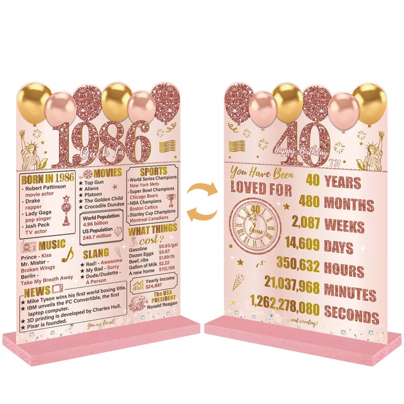 Guiruiy Pink Rose Gold 40th Birthday Decorations for Women, Two-Sided Vintage 40 Back in 1986 Theme Poster Wooden Table Sign with Stand, Forty Years Old Bday Centerpieces Holder for Table Decor - Image 1