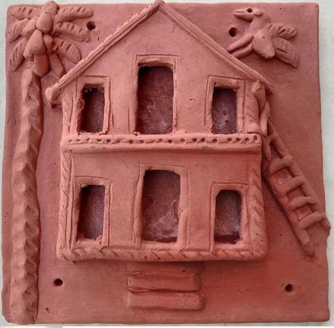 MOLELA TERRACOTTA HANDMADE TILE OF VILLAGE LIFE SCENE 225 X 225 X 4CM HOUSE