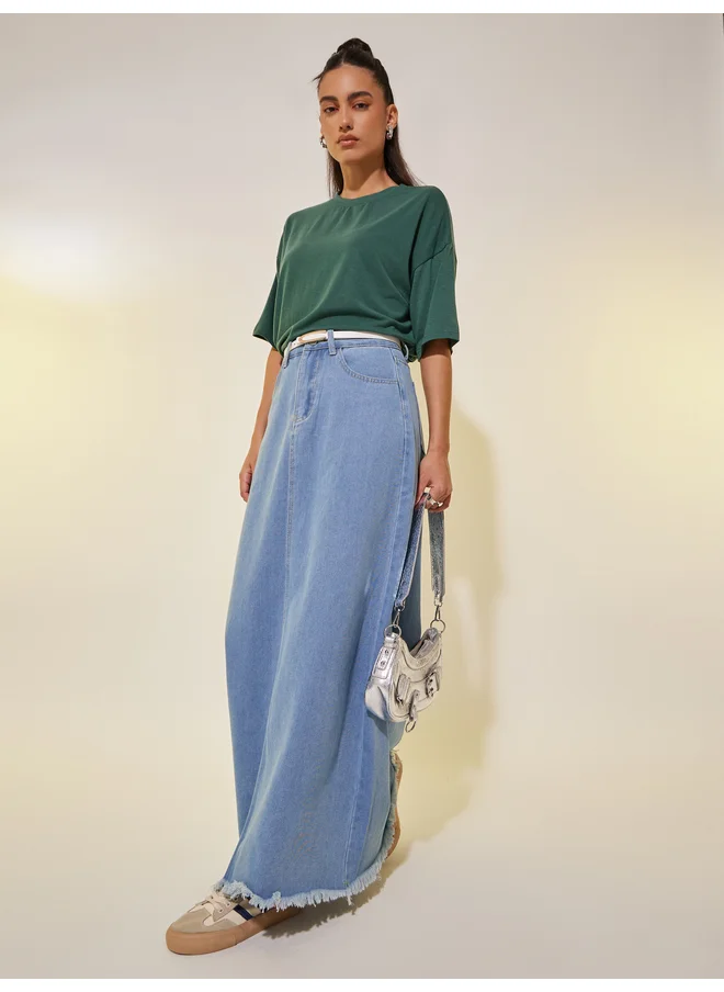 Take Two Take Two Solid Denim A-Line Maxi Skirt with Belt Loops