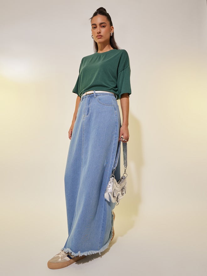 Take Two Take Two Solid Denim A-Line Maxi Skirt with Belt Loops - Image 1