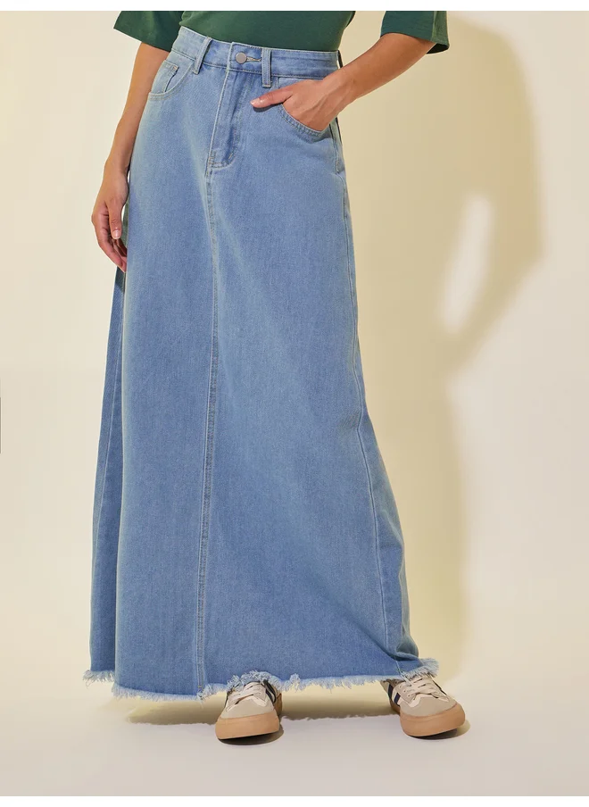 Take Two Take Two Solid Denim A-Line Maxi Skirt with Belt Loops