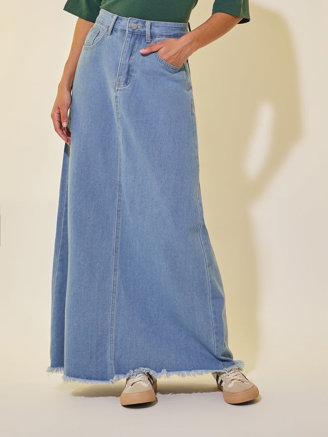 Take Two Take Two Solid Denim A-Line Maxi Skirt with Belt Loops - Image 2