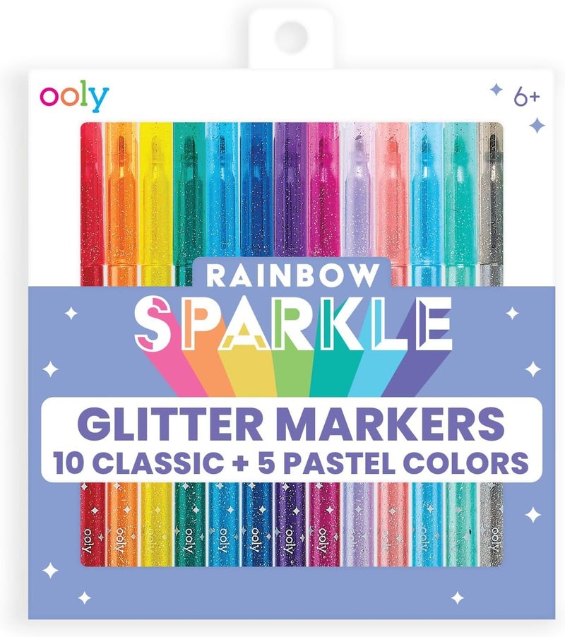 Ooly Rainbow Sparkle Glitter Markers Set of 15 Includes 5 Pastel 10 Classic Color Markers Glittery Sparkling Marker for Kids 2mm Nib for Medium Sized Lines GLITTER VARIETY PACK - Image 2