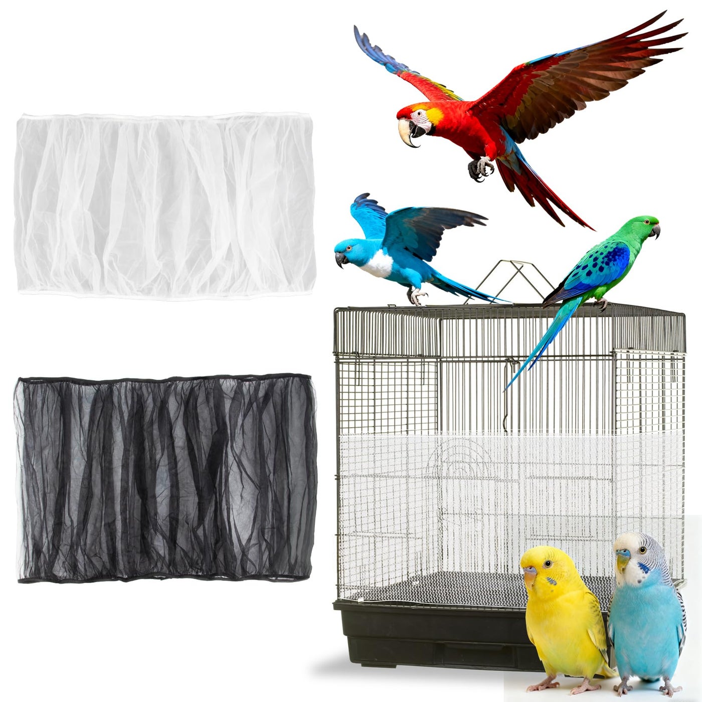 RAINFLOW Bird Cage Cover - 2 Pcs Bird Cage Seed Catcher Bird Net Bird Cage Skirt Nylon Nesh Bird Cage Net for Round Square Canary Parakeet Cockatiel Pigeon Budgie Quail Large Tall Big Bird Cage