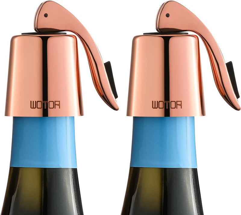 WOTOR Stainless Steel Wine Bottle Stoppers with Silicone - Reusable Wine Saver and Decorative Bottle Sealer, Leakproof, Keep Fresh, Rosegold, 2 Pack - Image 1