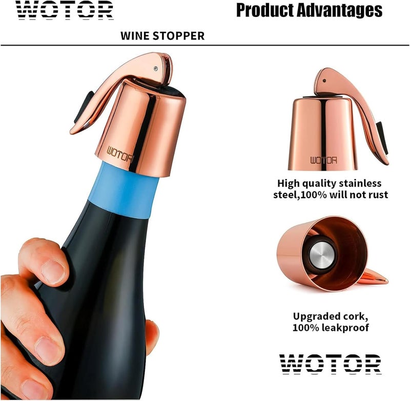 WOTOR Stainless Steel Wine Bottle Stoppers with Silicone - Reusable Wine Saver and Decorative Bottle Sealer, Leakproof, Keep Fresh, Rosegold, 2 Pack - Image 2
