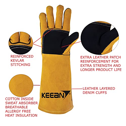 KEEAN Mig Arc Welding Gloves 16 Inch Gloves Extra Padded Palm Leather High Temperature Hot Thermal Work Resistant 500 C Leather Cut Proof Gaunlets Kevlar Stitching Welder Blacksmith Oven Handling - Image 4