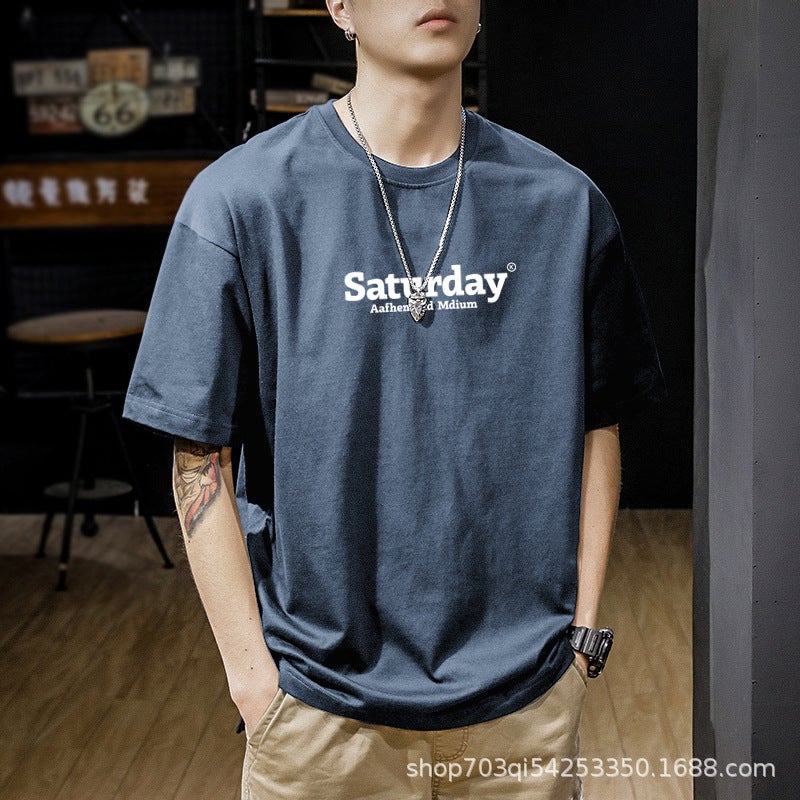 تي شيرت رجالي قصير الأكمام 200 جرام من القطن الخالص صيفي بحجم كبير للرجال - Image 3