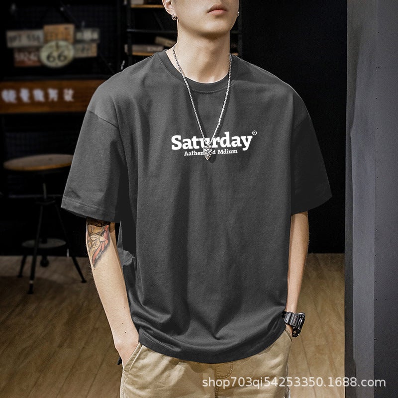 تي شيرت رجالي قصير الأكمام 200 جرام من القطن الخالص صيفي بحجم كبير للرجال - Image 1