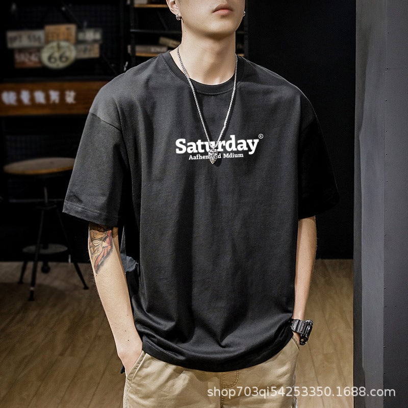 تي شيرت رجالي قصير الأكمام 200 جرام من القطن الخالص صيفي بحجم كبير للرجال - Image 5