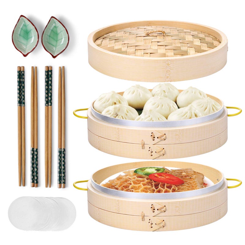 MacaRio Bamboo Steamer Basket Set 10 inch Steamer for Cooking, with Side Handles Chopsticks Ceramic Sauce Dishes Paper Liners, for Dim Sum Dumplings Buns Seafoods Rice Asian Foods - Image 1