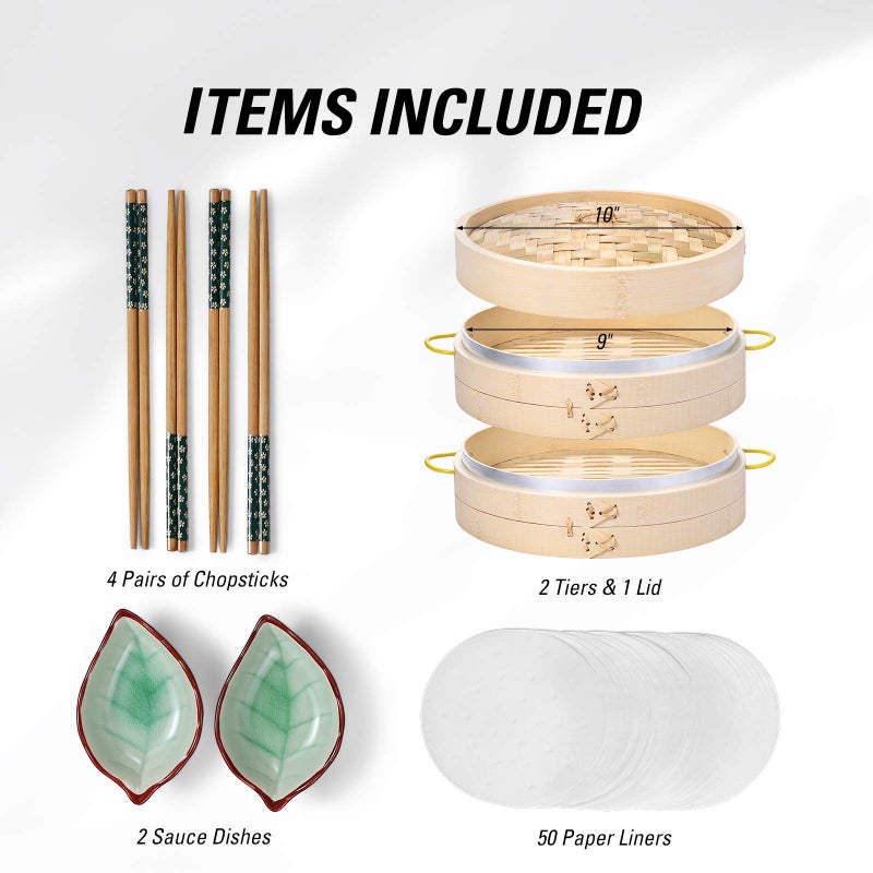 MacaRio Bamboo Steamer Basket Set 10 inch Steamer for Cooking, with Side Handles Chopsticks Ceramic Sauce Dishes Paper Liners, for Dim Sum Dumplings Buns Seafoods Rice Asian Foods - Image 3