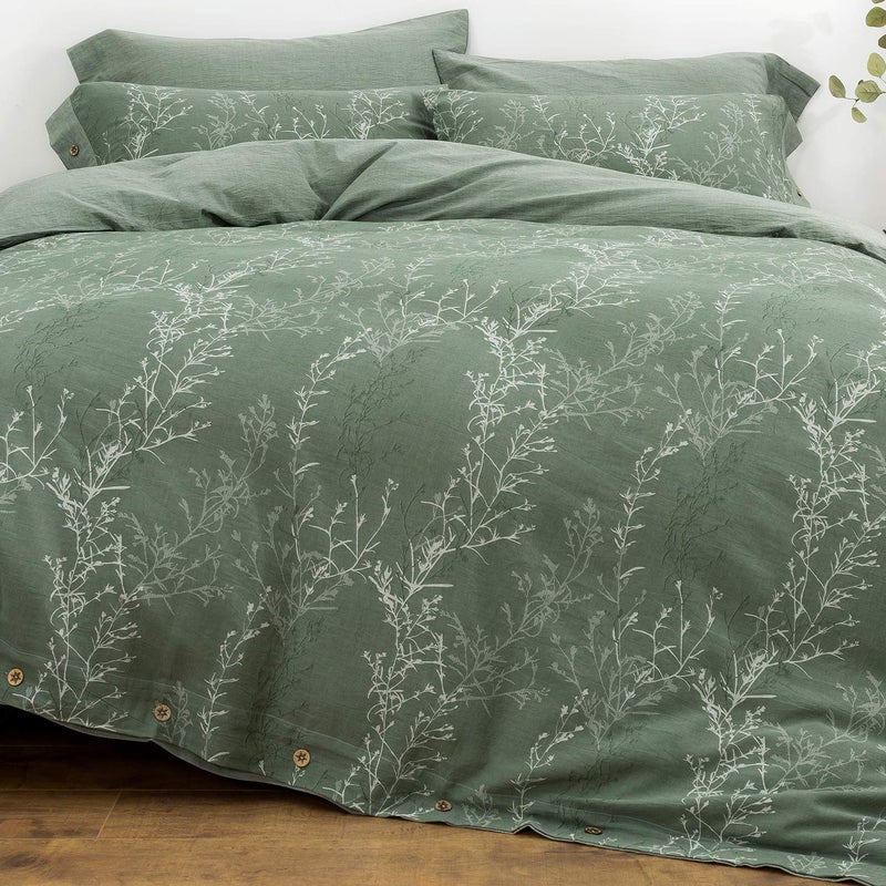 OREISE Duvet Cover Set FullQueen Size Washed Cotton Yarn Jacquard Green and White Thin Branch Pattern Floral Style 3Piece Bedding Set
