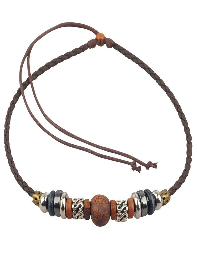 Ancient Tribe Boho Tribal Choker Necklace with Wooden & Engraved Beads, Brown Braided Leather Cord, Adjustable 15 Inches - Image 1