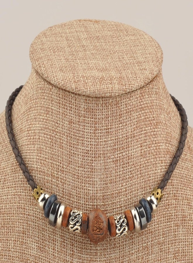 Ancient Tribe Boho Tribal Choker Necklace with Wooden & Engraved Beads, Brown Braided Leather Cord, Adjustable 15 Inches - Image 2
