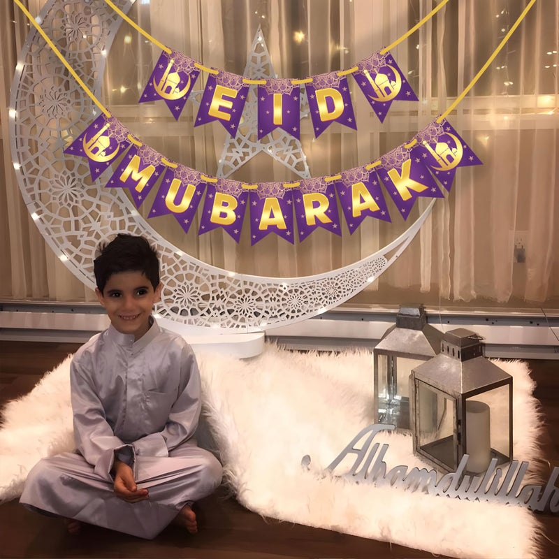 WOBBOX WOBBOX Eid Mubarak Purple & Golden Color Bunting Banner, Ramadan Decoration Items, Eid Mubarak Decorations  - Image 5