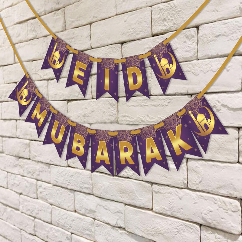 WOBBOX WOBBOX Eid Mubarak Purple & Golden Color Bunting Banner, Ramadan Decoration Items, Eid Mubarak Decorations  - Image 4
