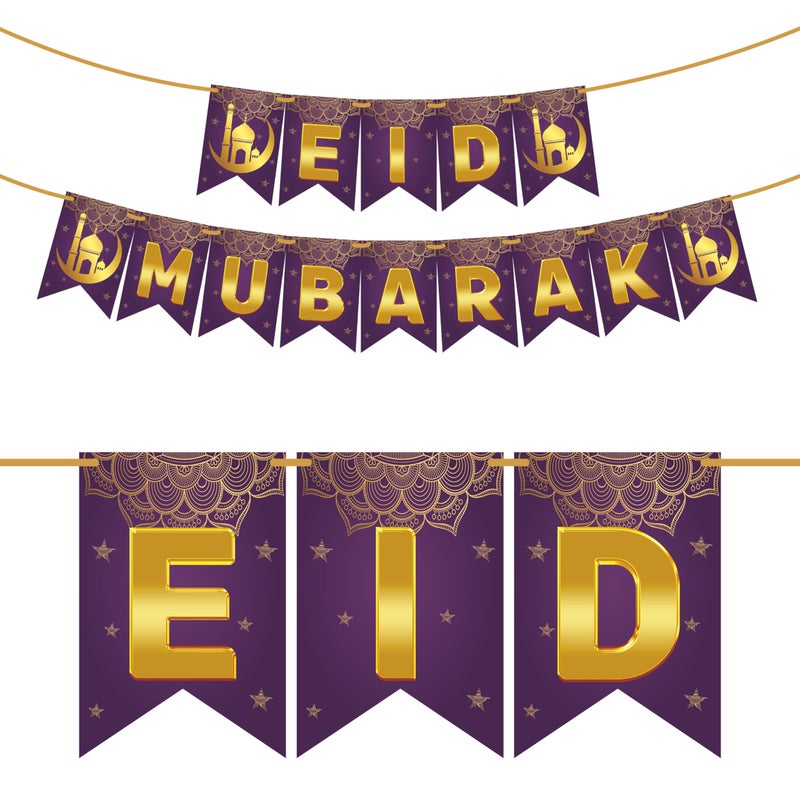 WOBBOX WOBBOX Eid Mubarak Purple & Golden Color Bunting Banner, Ramadan Decoration Items, Eid Mubarak Decorations  - Image 1