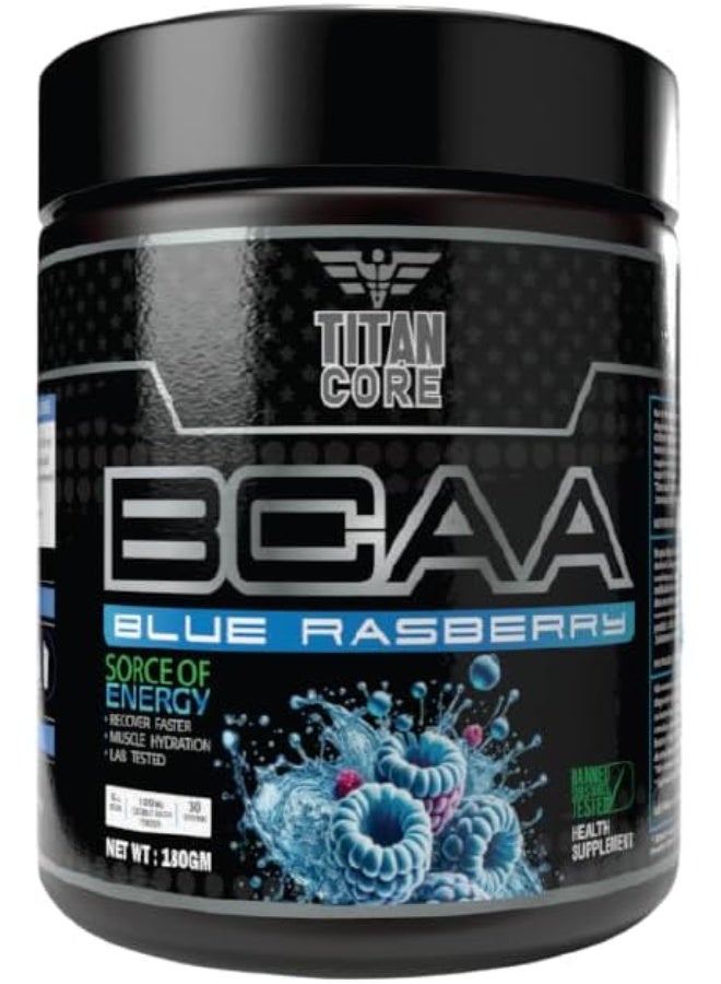 تيتانكور تايتان كور BCAA – أحماض أمينية للاستخدام أثناء التمرين لزيادة التعافي والتحمّل والترطيب – نكهة بلو راسبيري – 180 غرام - Image 1